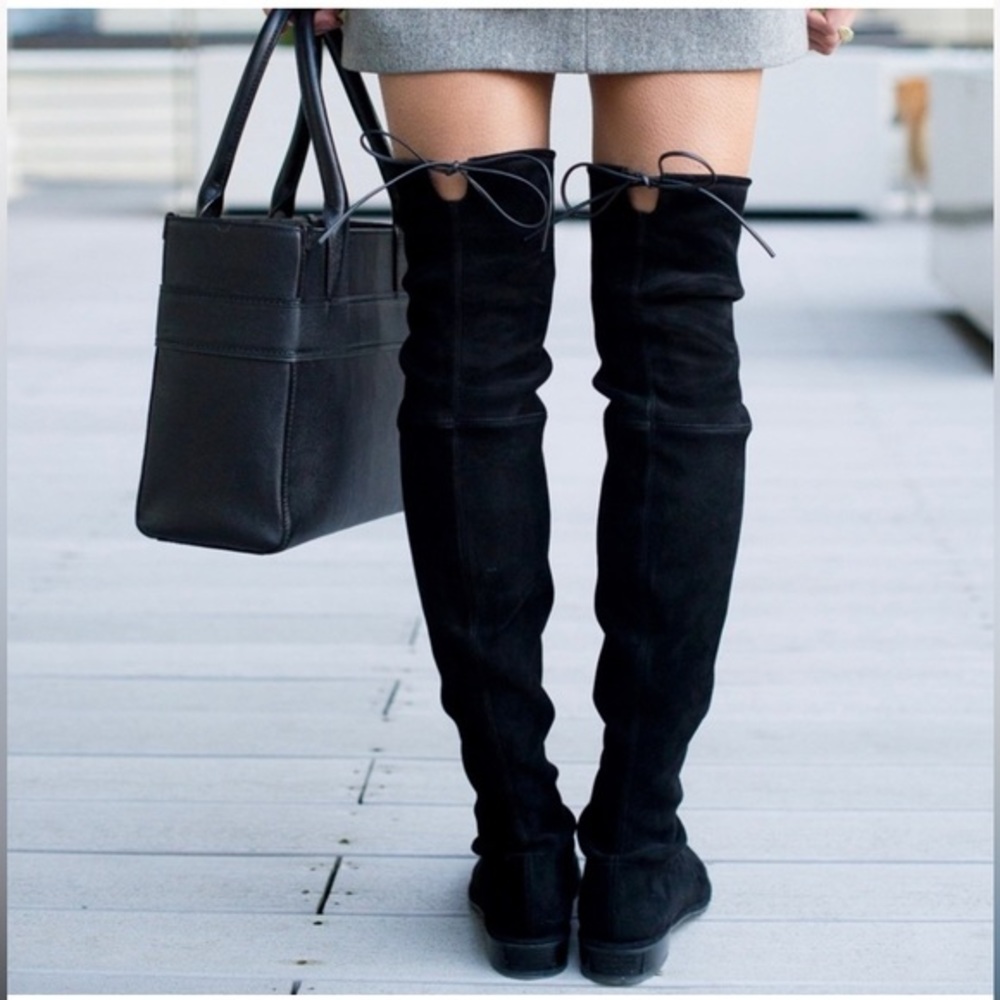 Iconic Stuart Weitzman Lowland Over the Knee Boot in Black Stretch Suede